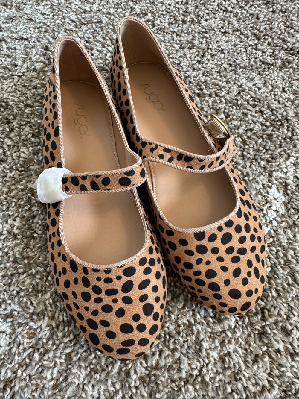 Sugar Girls Tan and Black Spotted Mary Jane Flats